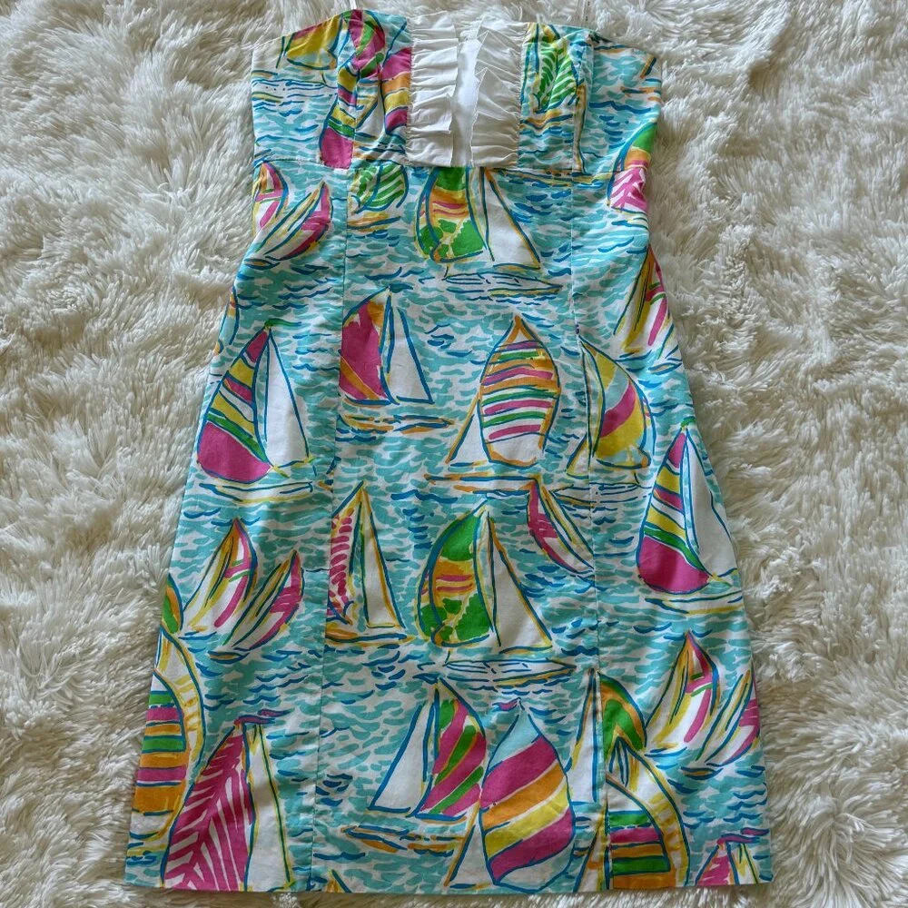 🎉HP🎉 Lilly Pulitzer Size 00 You Gotta Regatta Sailboats Strapless Franco Dress - Picture 4 of 16